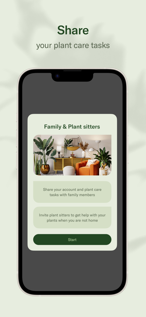 Planta 앱 인터페이스, 가족 및 식물 집사를 위한 관리 공유 기능 표시