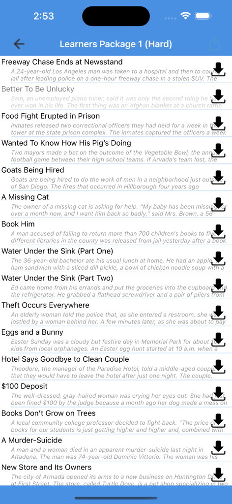 Learn English By Stories + - List of English short stories in the Learners Package Hard category with story titles and summaries.