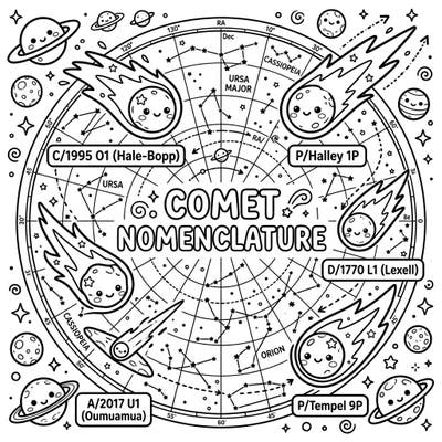 Discover the wonders of space and comet identification with this charming Kawaii-style coloring page. Perfect for science enthusiasts and art lovers alike, it combines education with creative fun.