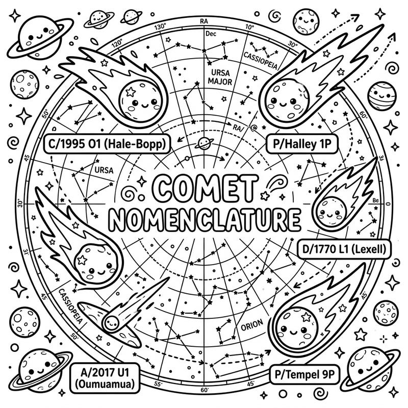Discover the wonders of space and comet identification with this charming Kawaii-style coloring page. Perfect for science enthusiasts and art lovers alike, it combines education with creative fun.