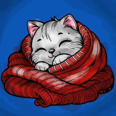realistic cozy cat in a blanket