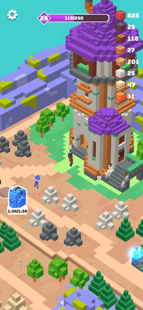 Craft Valley - Building Game - Screenshot of Craft Valley gameplay featuring a tall blocky tower with purple roofs and resource management interface