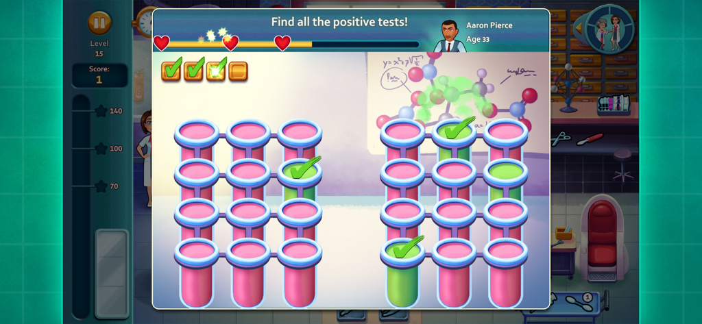 Heart's Medicine Hospital Heat - Un minijuego de laboratorio médico en Hearts Medicine Hospital Heat que muestra tubos de ensayo y diagramas químicos para encontrar resultados positivos