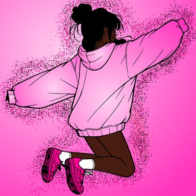 realistic girl jumping with a bun and oversized sweatshirt