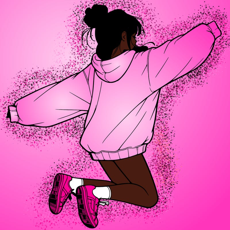 realistic girl jumping with a bun and oversized sweatshirt