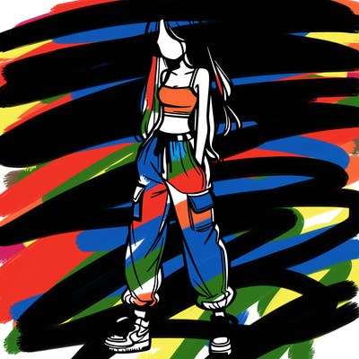 girl in baggy pants crop top and long hair