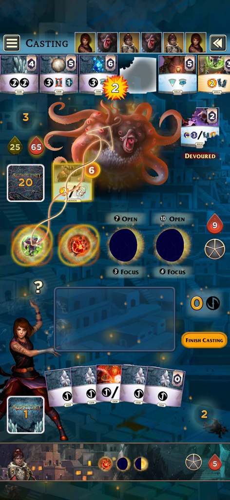 A gameplay screenshot of Aeons End showing a breach mage attacking a tentacled monster nemesis with magic spells