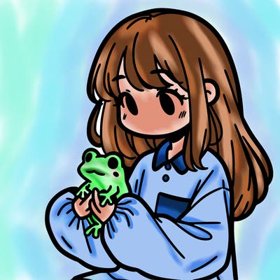 girl with long hair and a oversized shirt. and she is holding a frog