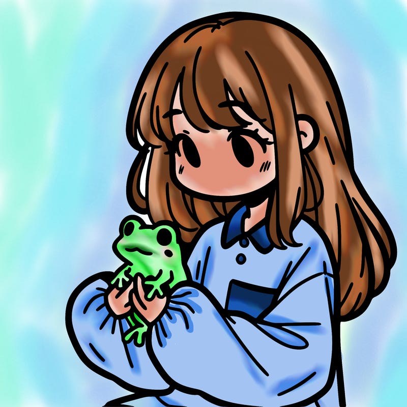 girl with long hair and a oversized shirt. and she is holding a frog