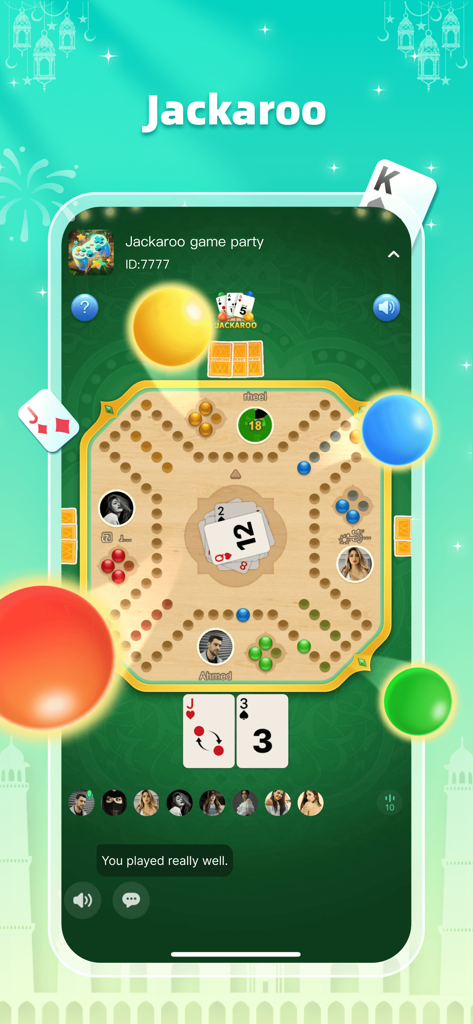 Farah-Chat & Games & Family - Gameplay of Jackaroo on the Farah social app featuring live chat and player profiles