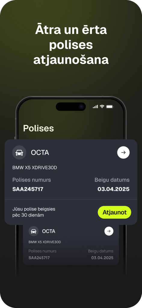 Octas.lv - apdrošināšana - Interfaccia dell'app mobile Octas.lv che mostra una polizza assicurativa auto per una BMW con un pulsante di rinnovo rapido