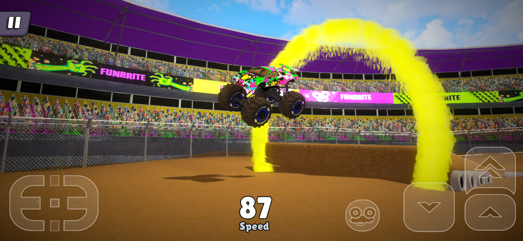 Off Road Mania: 4x4 Car Games - A colorful monster truck performs a stunt jump through a yellow smoke arch in a stadium arena