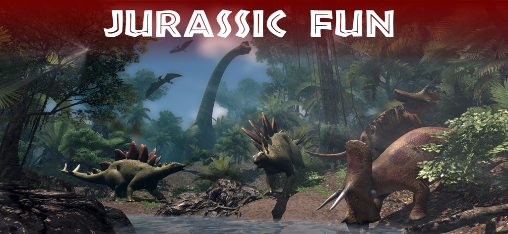 VR Jurassic - Dino Park World - Varios dinosaurios como Stegosaurus y Triceratops en un exuberante entorno de jungla prehistórica.