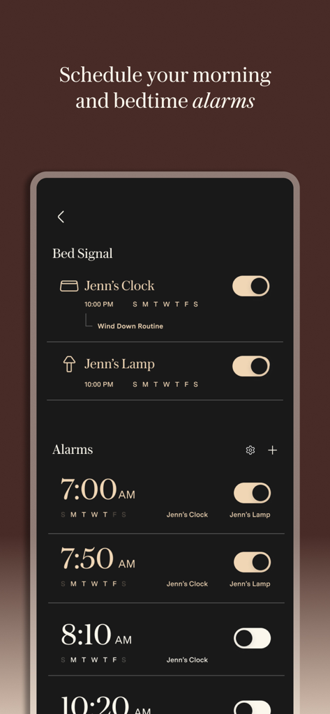 Loftie - Loftie app interface for scheduling morning and bedtime alarms