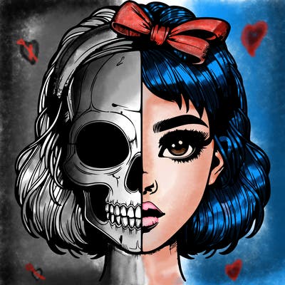 realistic girl with half skull mask