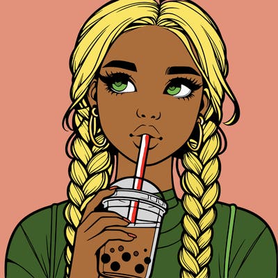 realistic girl with braided hair drinking boba