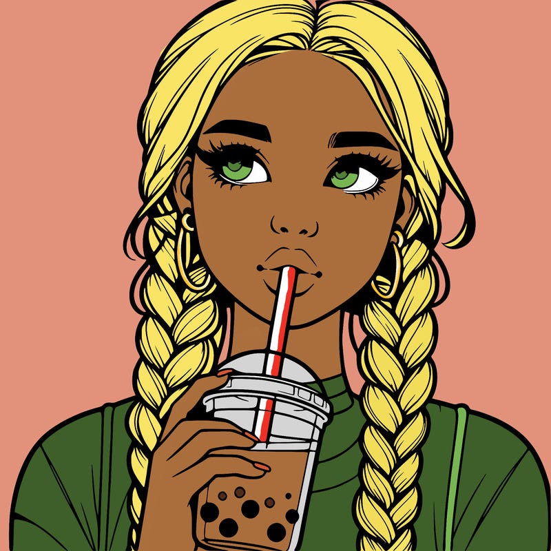 realistic girl with braided hair drinking boba