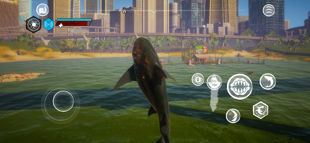 Maneater mobile gameplay showing a shark leaping near a city coastline
