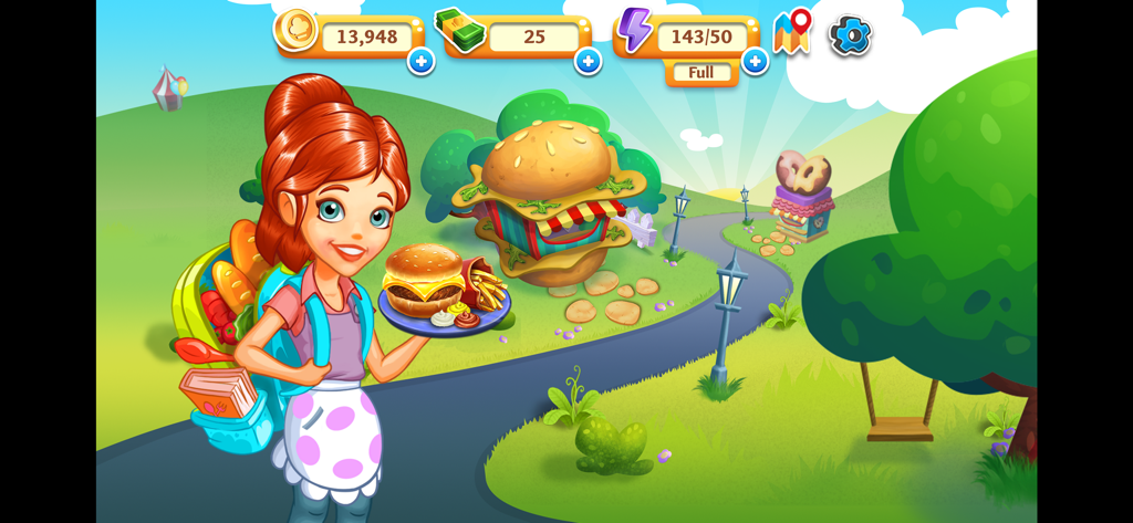 Cooking Tale - Food Games - Chef Audrey holding a hamburger plate in a vibrant restaurant map level