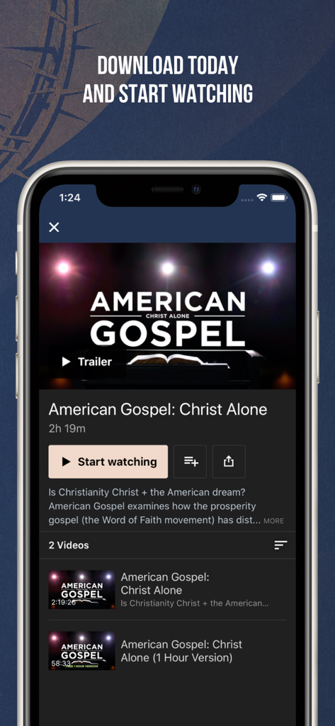AGTV - Mobile app interface of AGTV showing the documentary American Gospel Christ Alone with a start watching button and film description.