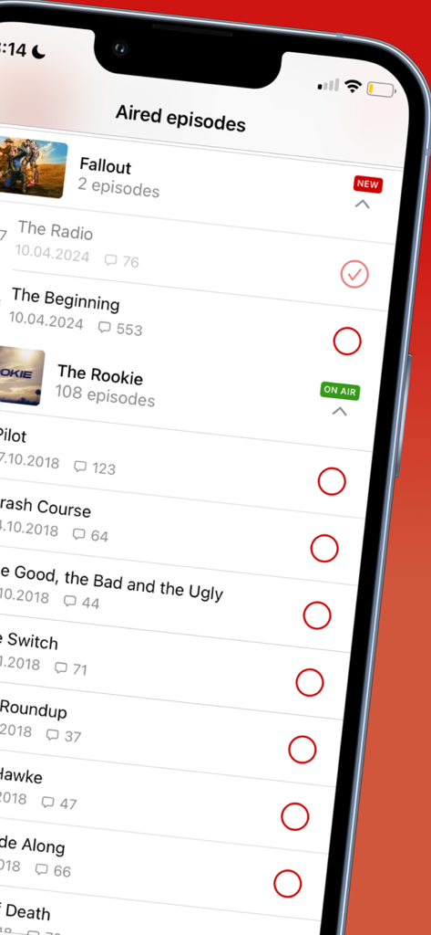 MyShows - Track Shows & Films - Interface of MyShows app showing a list of aired episodes for Fallout and The Rookie with options to mark them as watched
