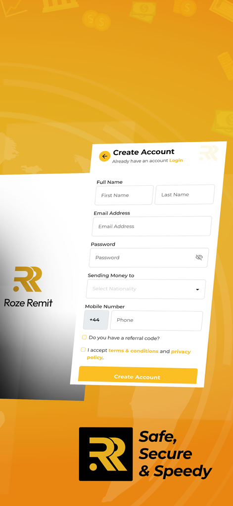 Roze Remit - Roze Remit mobile app registration screen showing the create account form