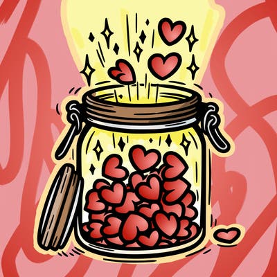 a jar filled with glowing hearts slowly opening and releasing them.