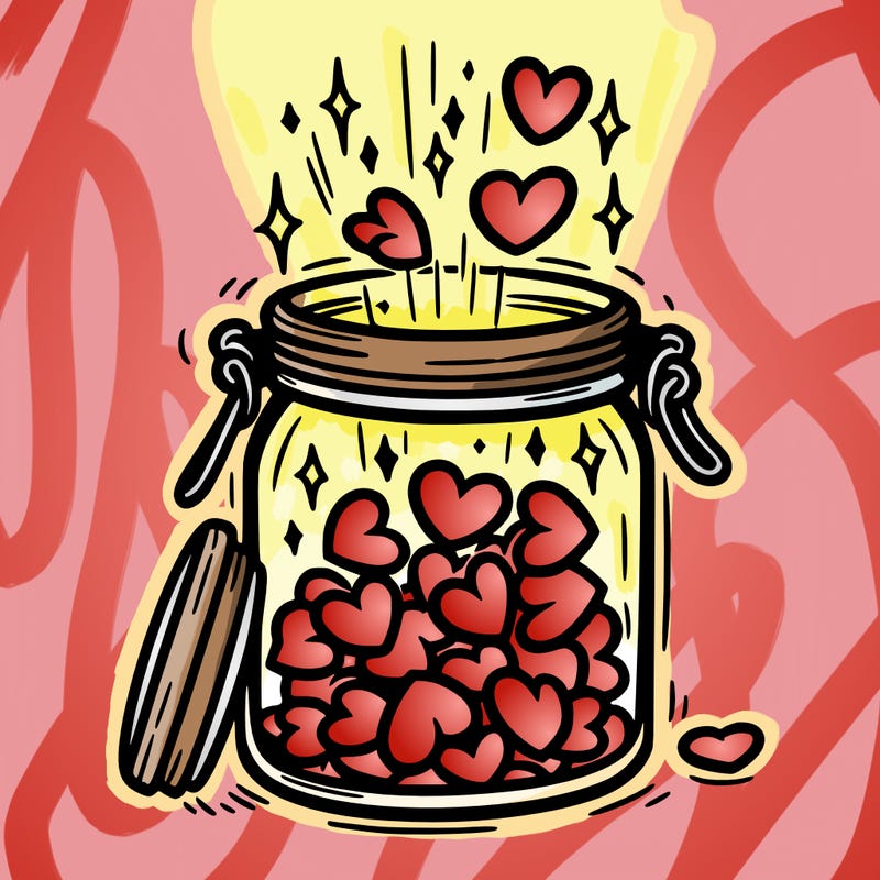 a jar filled with glowing hearts slowly opening and releasing them.