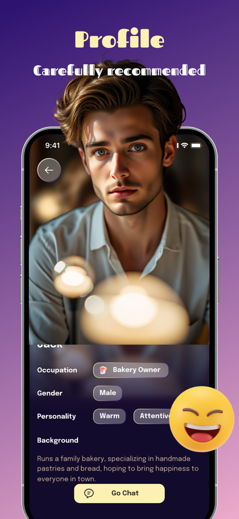 Soll - Live Chat, Fun Call - A user profile screen in the Soll app showing a recommended chat partner with personality tags and background information.