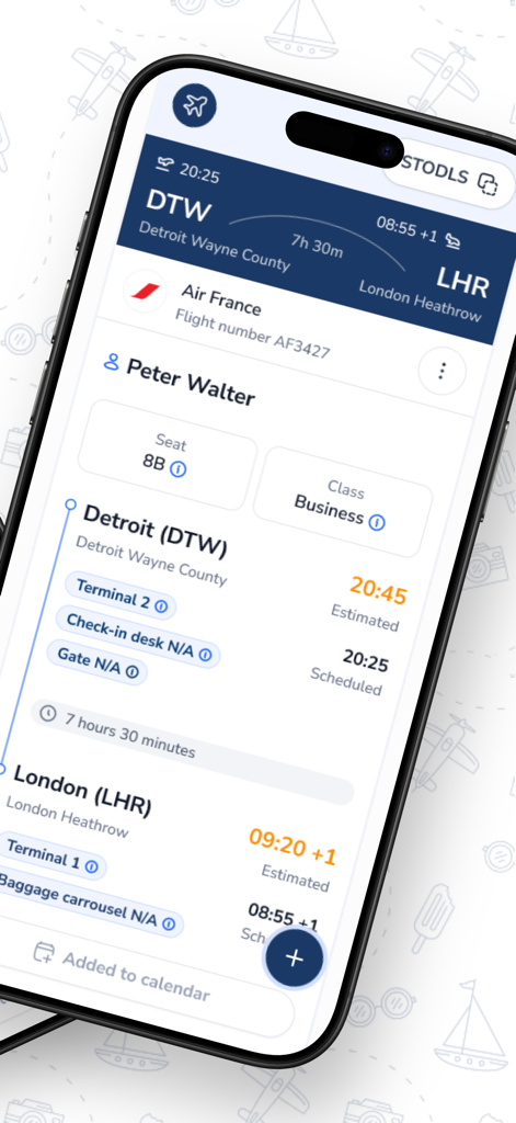 CheckMyTrip app interface showing detailed flight information from Detroit to London including seat number and estimated arrival times