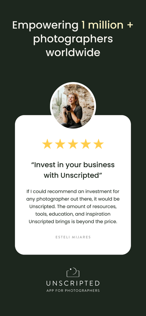 UNSCRIPTED Photography Poses - Eine Fünf-Sterne-Nutzerbewertung und ein Testimonial für die Unscripted-Fotografie-App