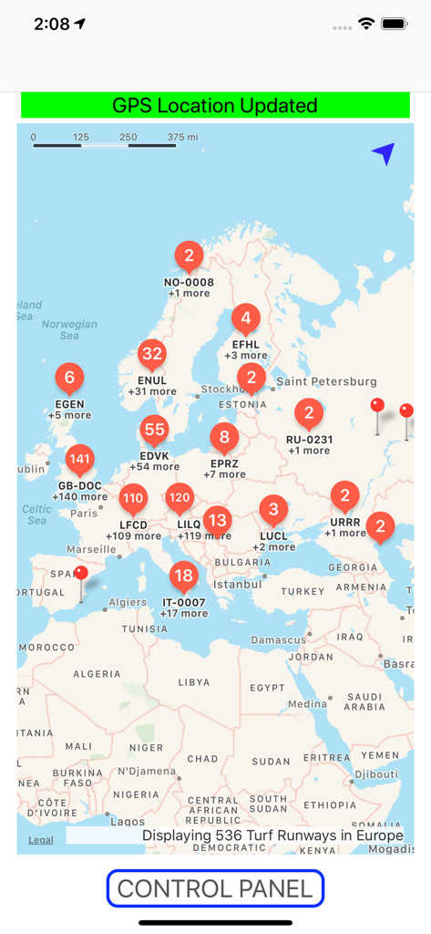 Airport Runway Finder - Vista mappa dell'app Airport Runway Finder che mostra 536 piste erbose in tutta Europa con marcatori a cluster rossi che indicano le posizioni delle piste.