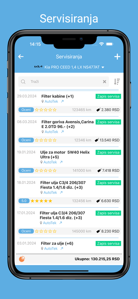 E-Knjižica - Smartphone screen showing the E-Knjižica app with a digital list of car maintenance records including oil changes and filter replacements