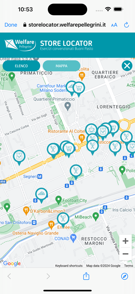 Pellegrini Card - Map view showing nearby merchants accepting Pellegrini vouchers.