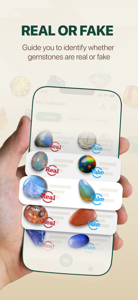 Rock Master: Rock Identifier - Rock Master app interface comparing real and fake gemstones side by side
