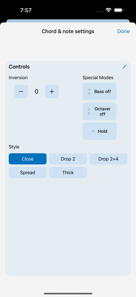 Chord and note settings screen in the Chordi app showing inversion controls and voicing styles