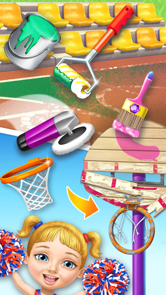 Fixing and painting the school basketball hoop with Katie the cheerleader in Sweet Baby Girl Cleanup 6