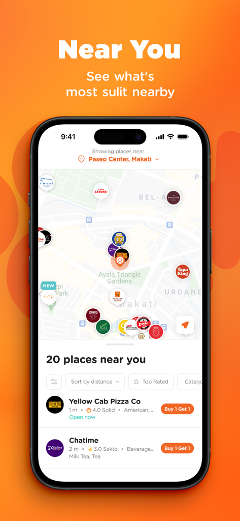 Booky - Food and Lifestyle - Booky app interface showing a map of restaurants with Buy 1 Get 1 deals near Paseo Center Makati.