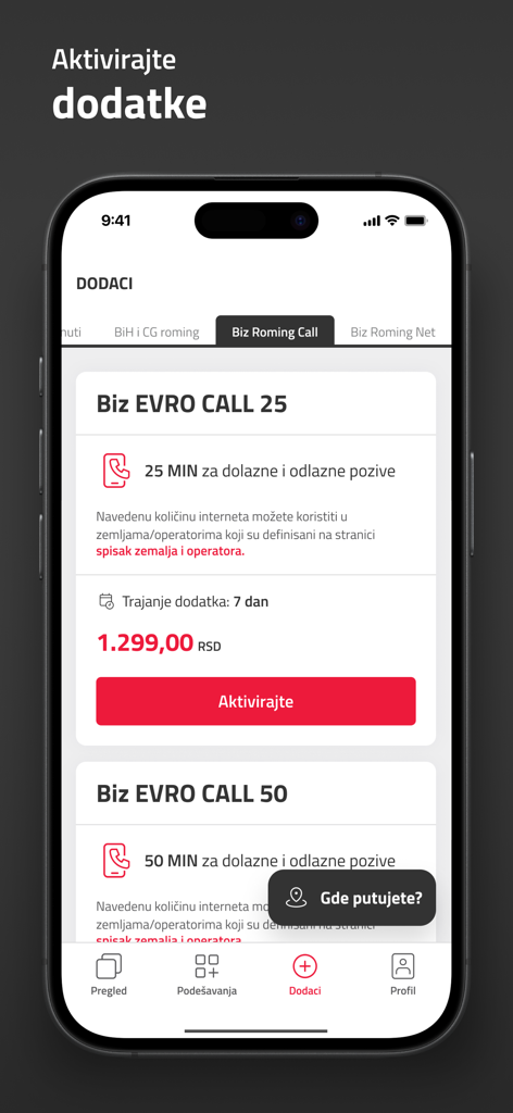 mts Biznis - mts Biznis app roaming add-on selection screen showing call packages for Europe