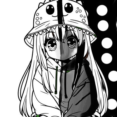 girl with anime shaped eyes with a dinosaur bucket hat oversized sweatshirt long straight hair