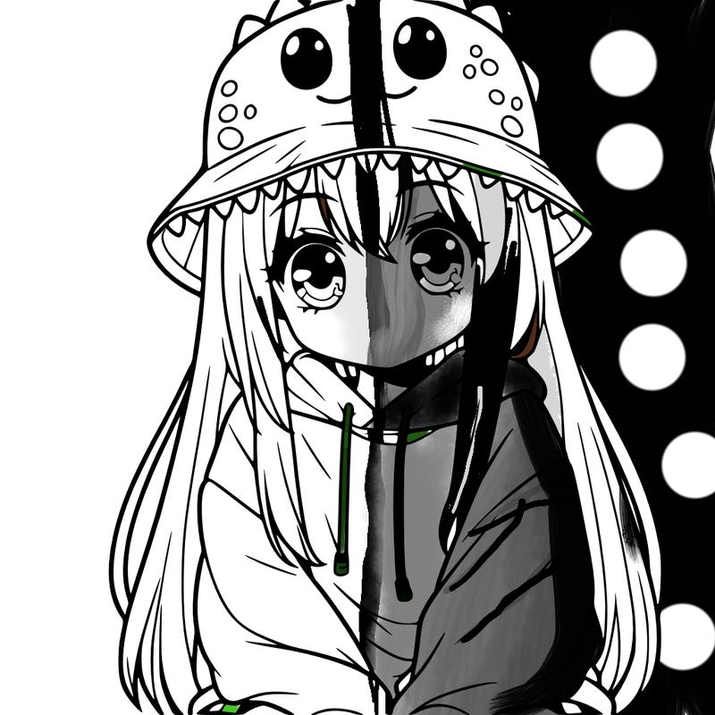 girl with anime shaped eyes with a dinosaur bucket hat oversized sweatshirt long straight hair