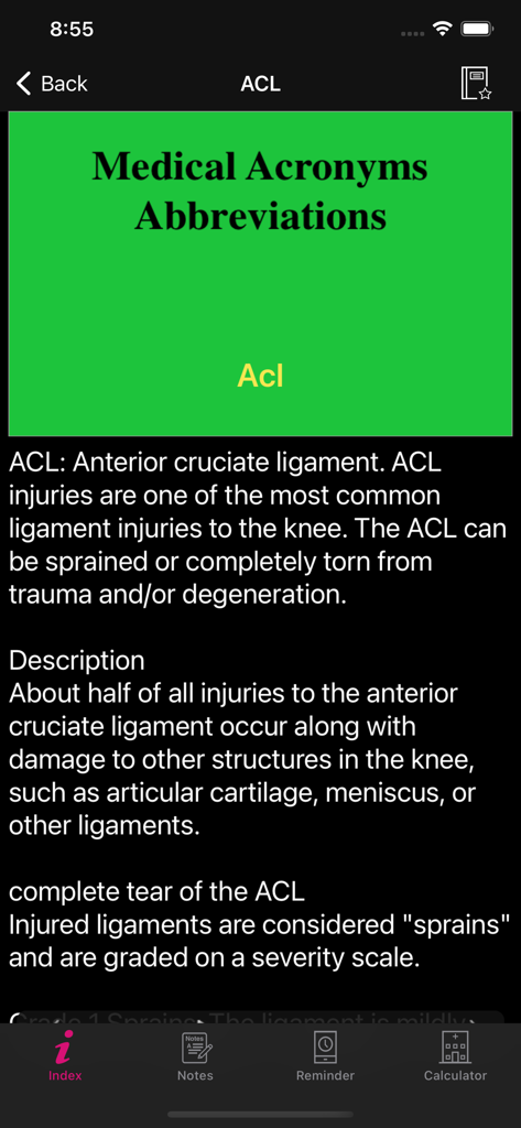 Medical Acronyms Pro app screen displaying the definition and description of ACL