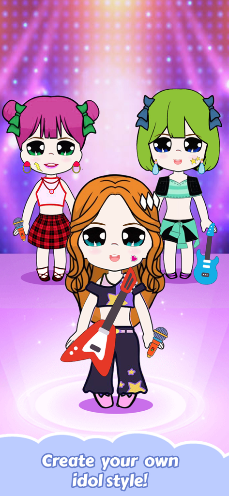 Dress Up Doll Games - Three chibi dolls dressed as pop stars with guitars and microphones on a stage