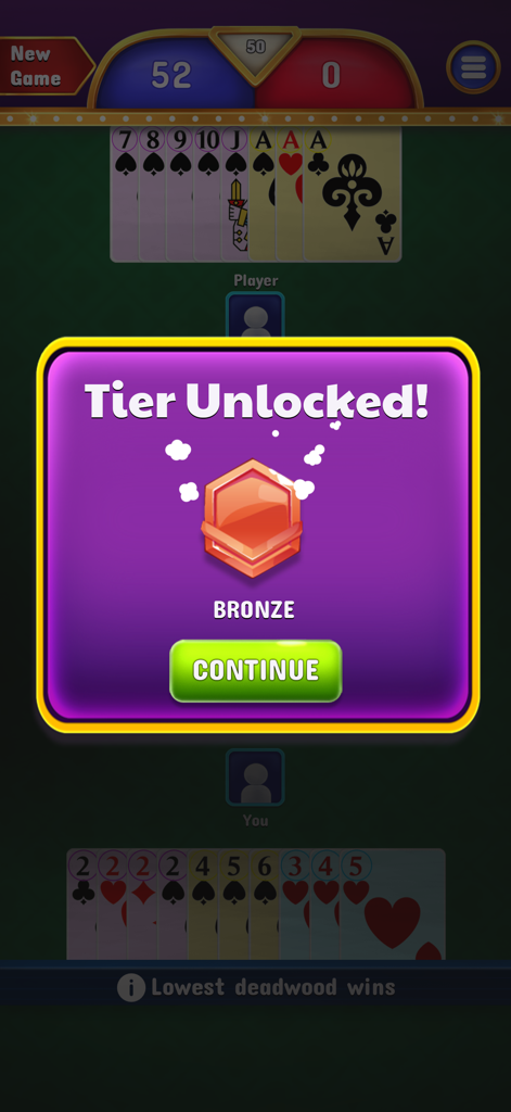 Gin Rummy - Classic Cards Game - Ventana emergente de notificación 'Nivel de Bronce Desbloqueado' en el juego de Gin Rummy