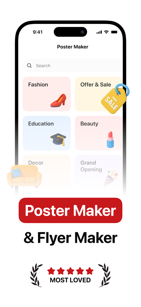 Poster Maker Flyer Maker Posta - Posta app interface showing design categories for fashion and sale flyers