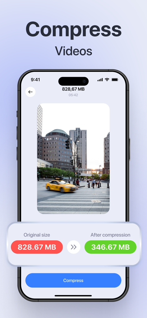 Interfaz de la aplicación Cleaner Plus que muestra una función de compresión de video que reduce un archivo de 828 MB a 346 MB para ahorrar espacio de almacenamiento
