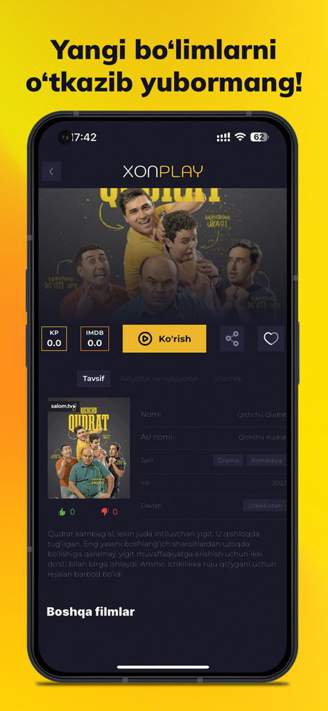 Xon-Play app screenshot showing a movie description page for an Uzbek film with a play button and rating info