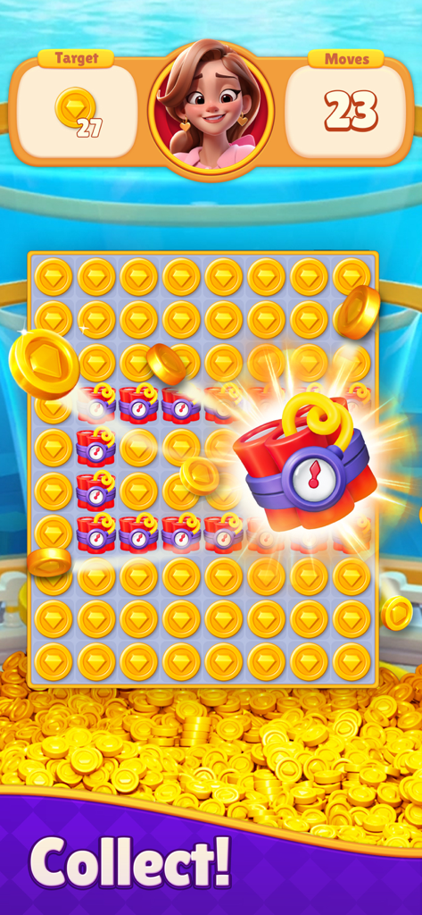 Dream Mania - Match 3 Games - Uma tela de quebra-cabeça match-3 de Dream Mania apresentando boosters de dinamite e moedas de ouro para coletar.