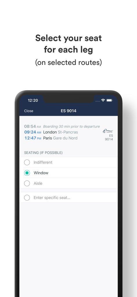 Interface de sélection de siège dans l'application Trainline Business EU pour un train Eurostar de Londres à Paris.