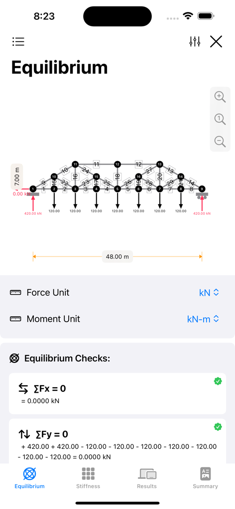 A-Projects app screen showing a truss diagram with equilibrium force calculations and unit settings